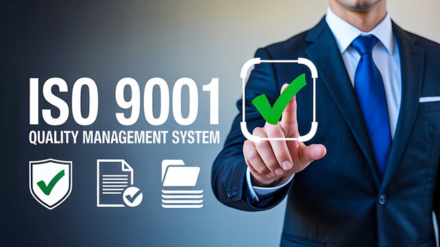 Businessman presenting iso 9001 quality management system certification concept