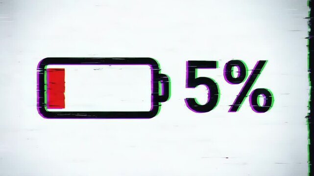 Low battery icon flashing with glitch effect at 5 percent for technology and power warning content