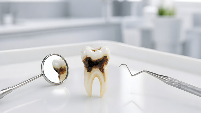 Rotten molar tooth on white tray beside dental mirror in bright clinic. Concept of stomatologist workplace, endodontic surgery, and oral healthcare.