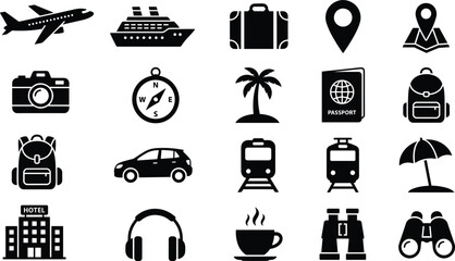 Fototapeta premium Global travel tourism and outdoor vacation black solid glyph icon set vector featuring transportation luggage map pins and beach elements,