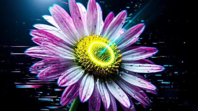 Glowing neon daisy flower with digital glitch effects on dark background for nature and technology