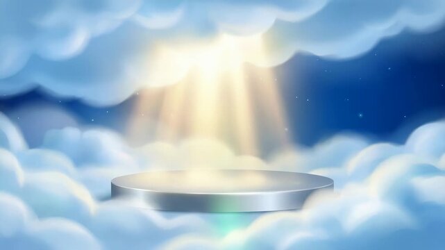 Silver podium floating among clouds with sunbeams shining in dreamy sky for product display