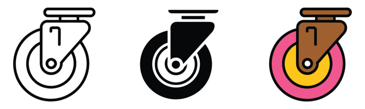 industrial caster wheel icons for heavy duty equipment, mobility systems, transport hardware, rolling components and industrial machinery design.