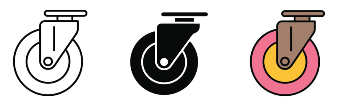 industrial caster wheel icons for mobility, equipment hardware, transport components, material handling and heavy duty machinery vector illustration.