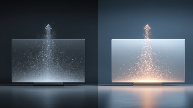 Dual screen with glowing arrow compare result, showing a/b test for conversion optimization and split test in digital marketing.