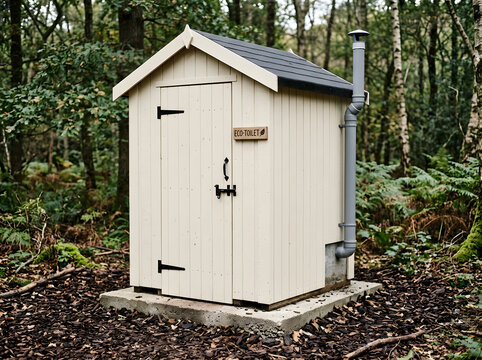 eco-friendly outdoor composting toilet shed | rustic wooden outhouse in forest setting | sustainable off-grid sanitation solution | garden toilet cabin for remote locations