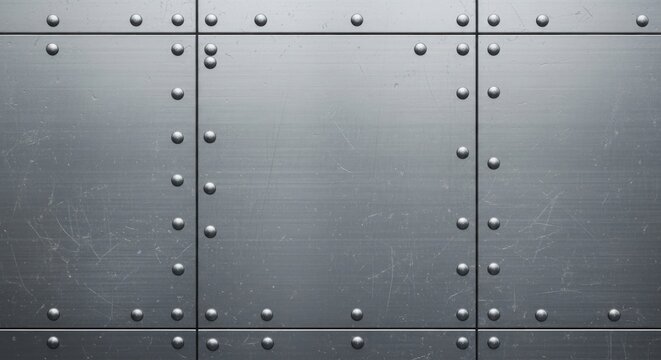 Gritty riveted brushed metal panel texture with scratches for industrial or mechanical backgrounds