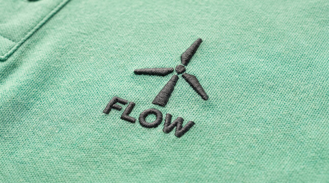 Mint green polo shirt mockup close up with embroidered dark grey wind turbine icon and FLOW logo
