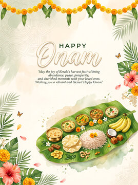 Celebratory onam festival feast spread with traditional dishes with decorative elements banana leaf celebration with assortment dishes tropical