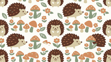 Obraz premium Whimsical Hedgehog and Mushroom Seamless Pattern Woodland Cartoon Illustration. Flat vector illustration EPS 10.