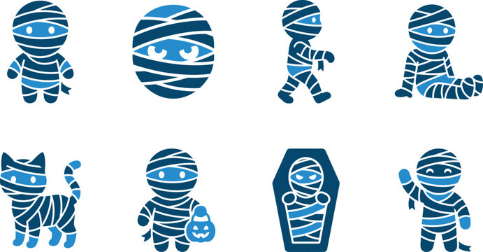 Halloween Mummy Character Icon Set. Cute mummy standing, mummy face ball, walking mummy, sitting mummy, mummy cat, trick or treat pumpkin bucket, coffin sarcophagus, waving mummy, vector graphic eleme