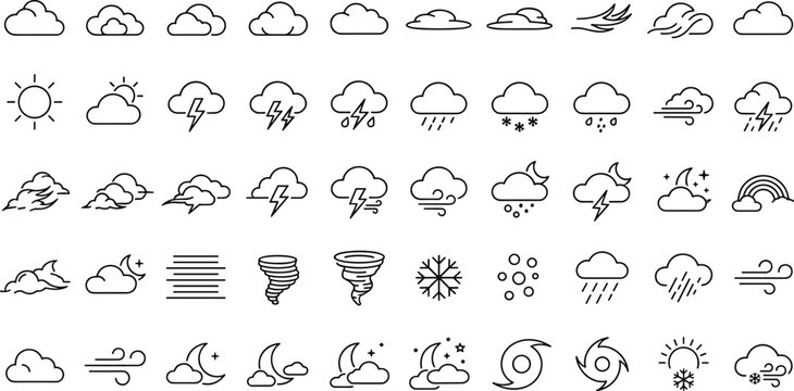 Weather forecast and meteorology line icon set vector featuring stormy rain clouds lightning tornado rainbow and wind conditions,
