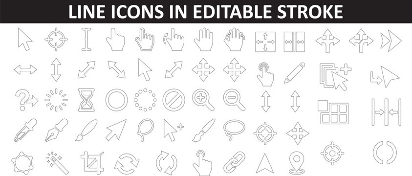 Set of computer mouse cursor pointer icons in editable outline 