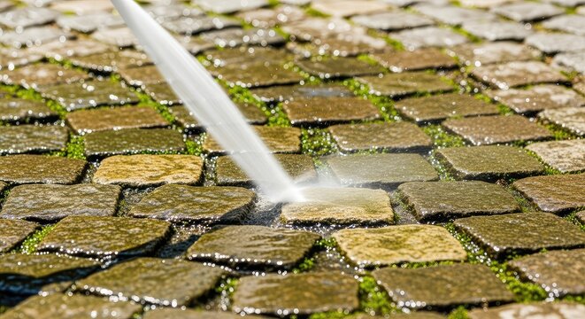A high-pressure water stream hits a dirty cobble stone garden path, removing moss and grime during a deep outdoor cleaning maintenance task, paving, hardscape, cleaning process