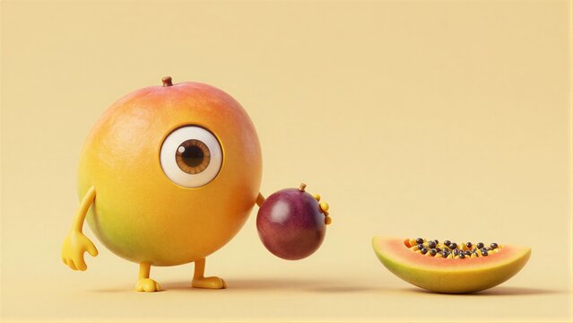 A cute mango character holds a grape near a papaya slice.
