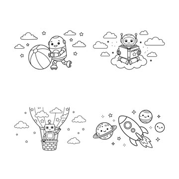 Cute cartoon baby boy crawling and playing with toys. Adorable infant milestone vector illustrations for child development and parenting themes.