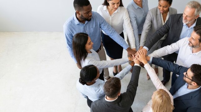 Diverse group of multiethnic business professionals standing in a circle and joining hands in a huddle as a symbol of teamwork, unity, and shared success.