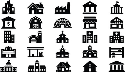 Real estate city architecture and public infrastructure solid black glyph icon set vector featuring houses school bank hospital and factory, © MdAlom