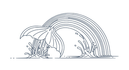 Fototapeta premium Minimalist Line Art Illustration of a Whale Tail Splashing in the Ocean with Rainbow Curve