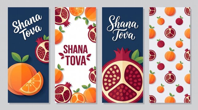 Create a set of four vertical greeting-card banners inspired by modern Rosh Hashanah motifs: stylized pomegranates and round segmented orange fruits with small green leaves, rendered as clean flat vec