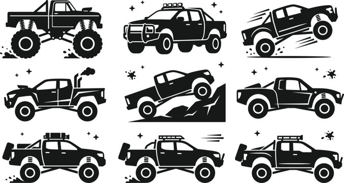 Set of offroad pickup truck silhouettes, monster truck and 4x4 vehicles for extreme sport and adventure design