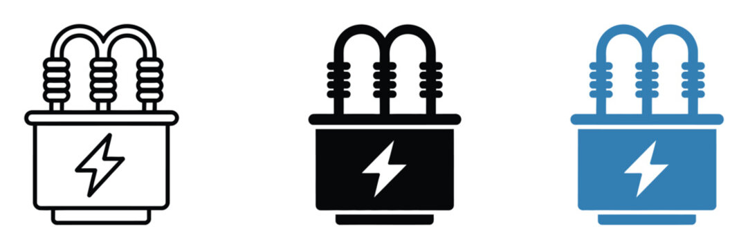 electrical transformer icons with current transformer boxes, power station symbols, substation equipment and electricity transmission vector illustration.