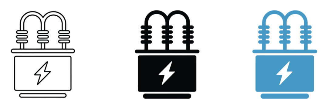 electrical transformer icons with power substation equipment, current transformer boxes, power station symbols and energy distribution vector illustration.