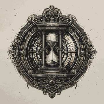 Ornate hourglass emblem with intricate clockwork details and decorative frame, perfect for history, time management and vintage concepts.