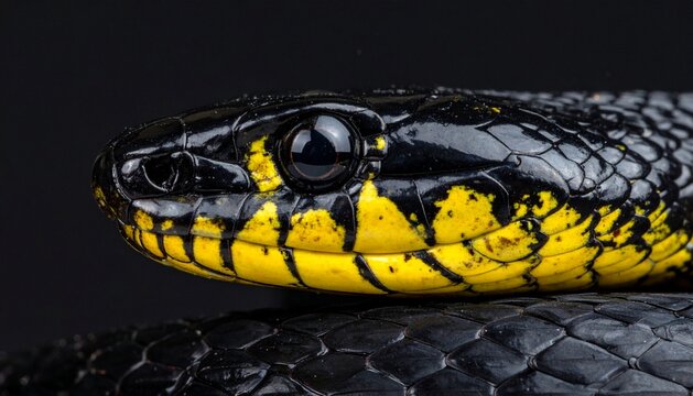 Macro Profile of a Gold-ringed Cat Snake Boiga Dendrophila with Black and Yellow Scales