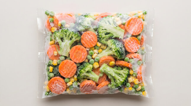Transparent plastic bag filled with frozen mixed vegetables including carrots broccoli corn and peas