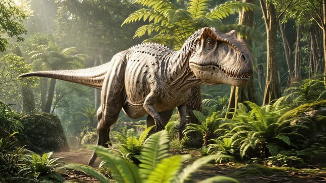 Allosaurus dinosaur running through prehistoric jungle. Carnivorous theropod hunting in dense tropical forest with ferns and tall trees. Panning tracking shot.