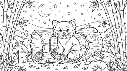 Cute red panda sitting inside a hollow tree trunk in a bamboo forest at night © OMESA