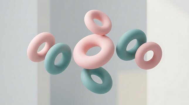 Floating pink and teal donut shapes in white space.