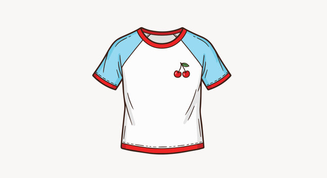 Raglan sleeve t-shirt with cherry graphic, isolated on transparent alpha, concept for apparel design, fashion branding and casual wear illustration.