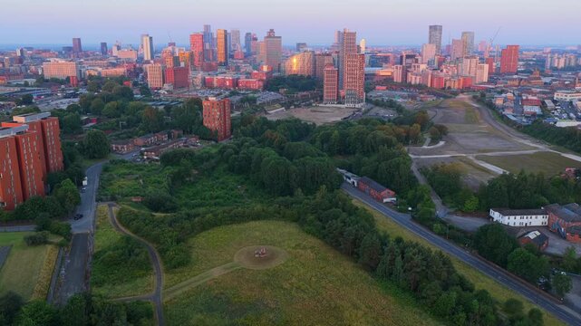 High Aerial Video Sunrise of Peachstone Henge and Manchester Skyline