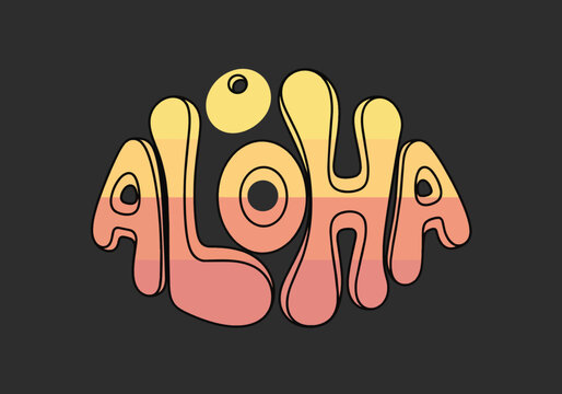 Retro 'Aloha' lettering with warm gradient colors and bold outline, isolated on transparent background, ideal for travel promotion, summer themes and island vibes.