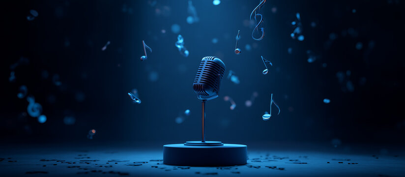 microphone with blue musical notes floating