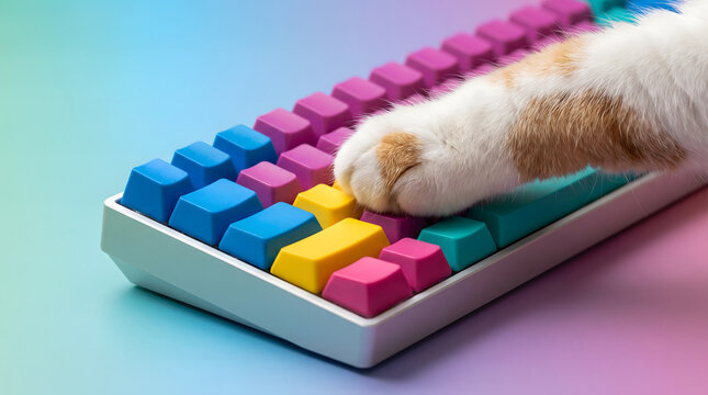 Orange and white cat paw pressing colorful rainbow keycaps on a mechanical keyboard