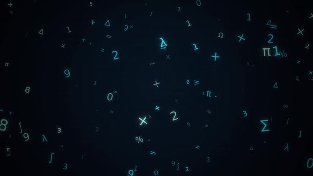 Abstract dark background with floating glowing digital numbers and mathematical symbols representing science, technology, big data, and algebra