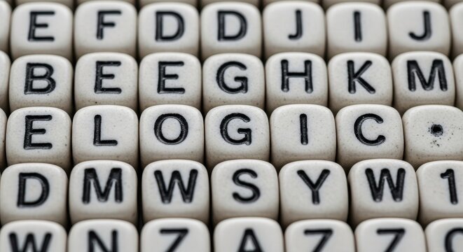 Close-up of White Letter Beads Spelling the Word Logic for Educational and Problem Solving Concepts