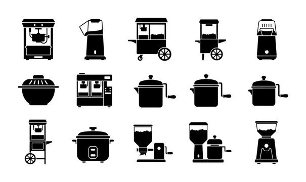 Kitchen Appliance Icons Set: Popcorn Makers, Grinders, Rice Cookers, and Food Processors for Culinary Graphics