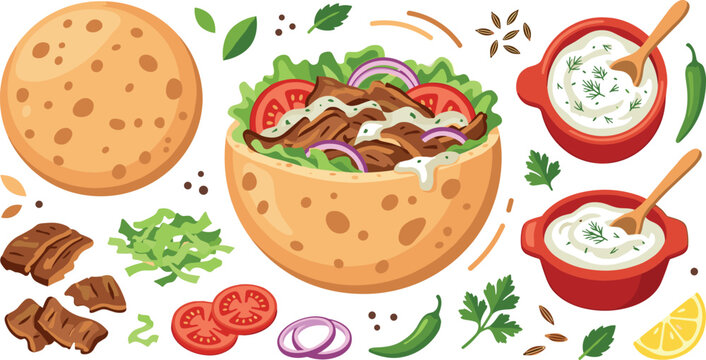 Traditional Greek gyro pita vector illustration with grilled shawarma meat slices fresh salad ingredients garlic yogurt tzatziki sauce bowls and flatbread