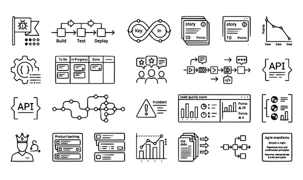 Minimalist thin line Agile development icon vector collection with sharp outline symbols for software engineering dashboards