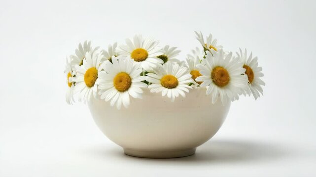 White daisies arranged in ceramic bowl rotating on clean background for floral and lifestyle content