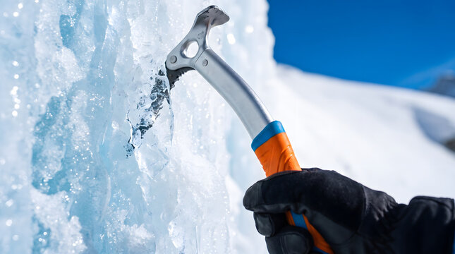 A climber wearing gloves uses an ice axe to strike and chip away at a frozen ice wall