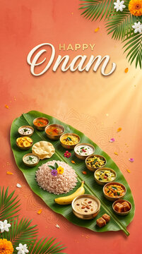 Colorful traditional feast spread celebrating cultural festival onam with fresh bananas with showcases vibrant traditional meal arrangement banana leaf