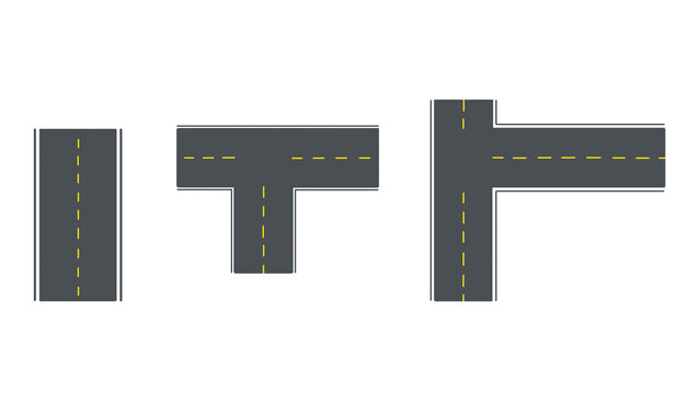 Top view road construction elements in PNG format including straight highway segment and T-junction intersections isolated on transparent background
