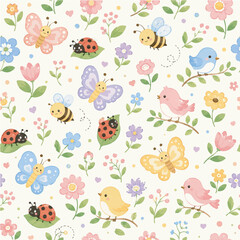 Fototapeta premium seamless pattern garden animals butterfly bee bird flower wallpaper background for kids, baby