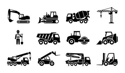 Fototapeta premium Construction Equipment Icons Set, Heavy Machinery Vector Graphics, Industrial Vehicles Collection, Building Site Tools