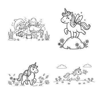 Hand-drawn unicorn illustrations with magical sparkles. Whimsical fantasy creature sketches in playful poses for children's designs.